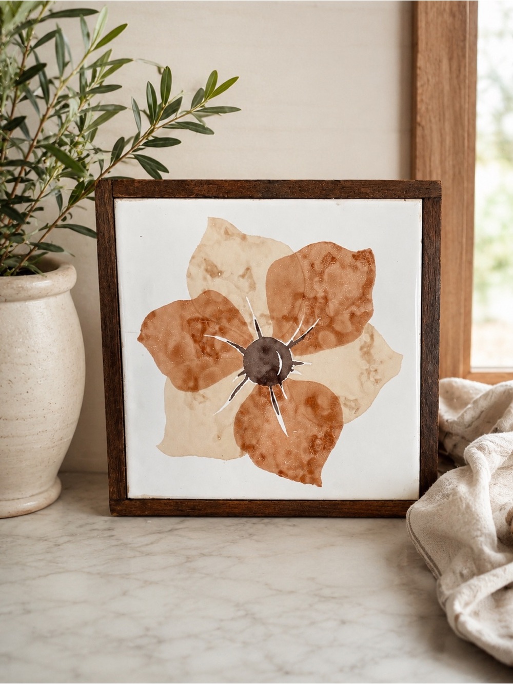 Vintage Italian Neutral Floral Tile /Trivet / Art in Brown and Cream